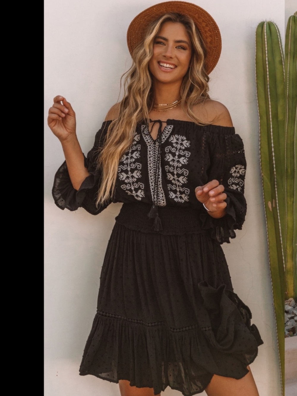 Love Stitch Veranda Embroidered Swiss Dot Off The Shoulder Dress Black Boho